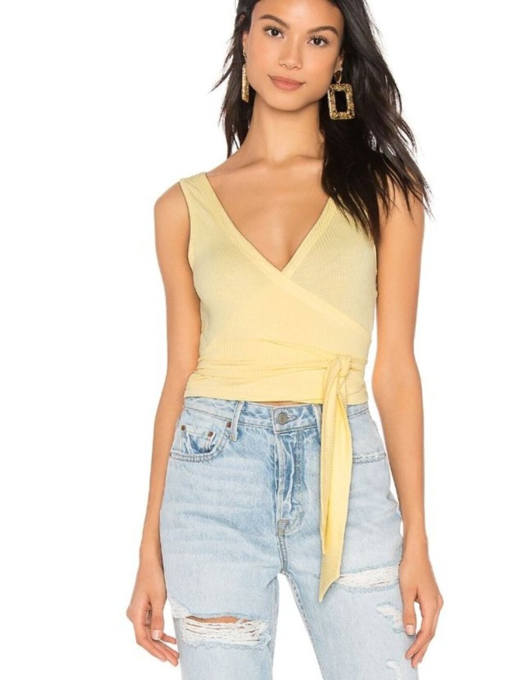 Superdown Mina Rib Wrap Top Yellow Ribbed Cropped